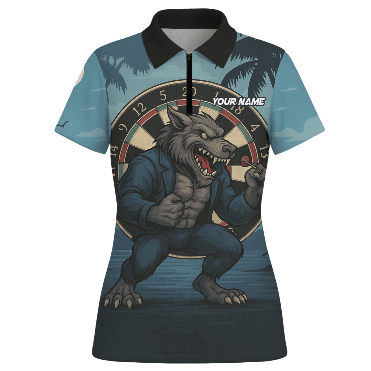 Personalisiertes Damen Darts Poloshirt im Tropen - Look – Flamingo & roter Hibiskus auf Schwarz V4228 - Outfitsuche