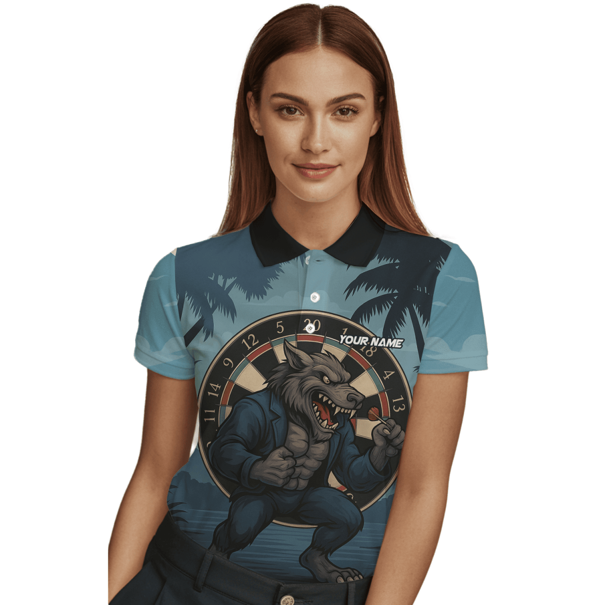 Personalisiertes Damen Darts Poloshirt im Tropen - Look – Flamingo & roter Hibiskus auf Schwarz V4228 - Outfitsuche