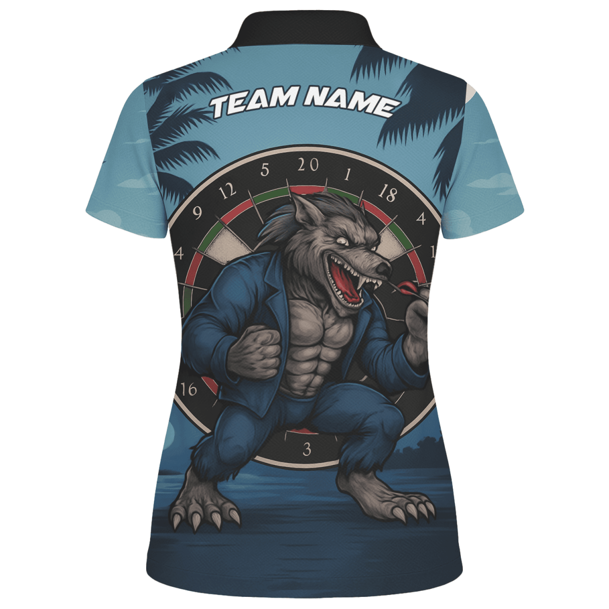 Personalisiertes Damen Darts Poloshirt im Tropen - Look – Flamingo & roter Hibiskus auf Schwarz V4228 - Outfitsuche