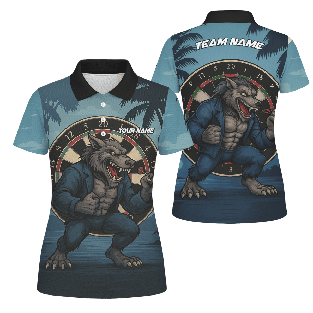 Personalisiertes Damen Darts Poloshirt im Tropen - Look – Flamingo & roter Hibiskus auf Schwarz V4228 - Outfitsuche