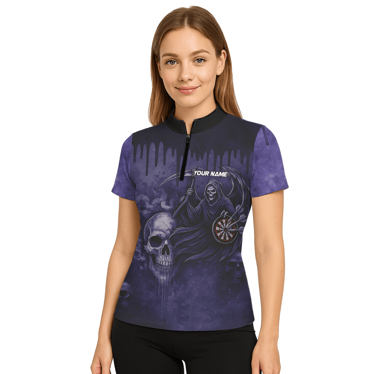 Personalisiertes Damen Darts Poloshirt mit Grunge Totenkopf Motiv in Schwarz - Rot A5652 - Outfitsuche