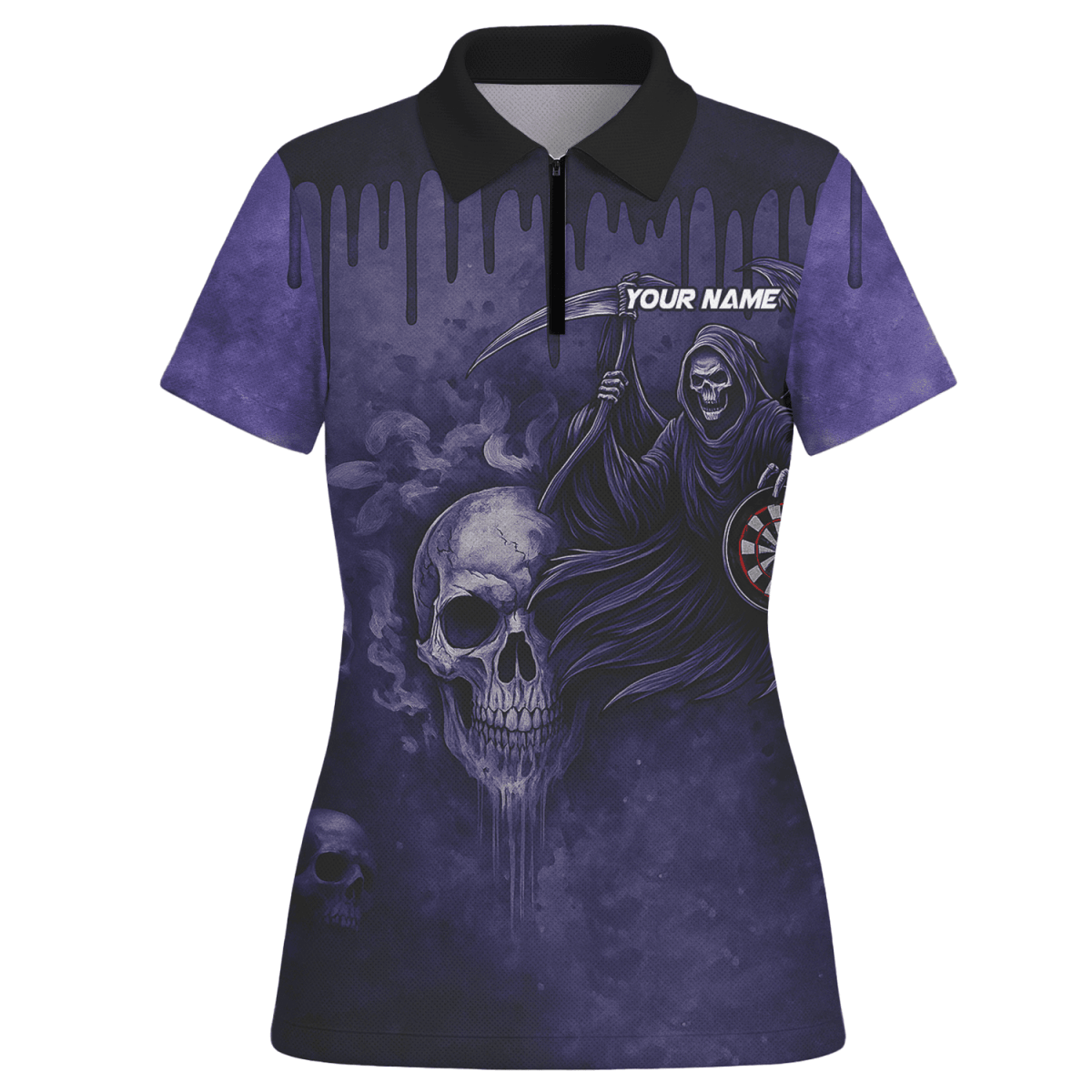 Personalisiertes Damen Darts Poloshirt mit Grunge Totenkopf Motiv in Schwarz - Rot A5652 - Outfitsuche