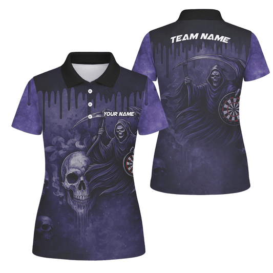 Personalisiertes Damen Darts Poloshirt mit Grunge Totenkopf Motiv in Schwarz - Rot A5652 - Outfitsuche