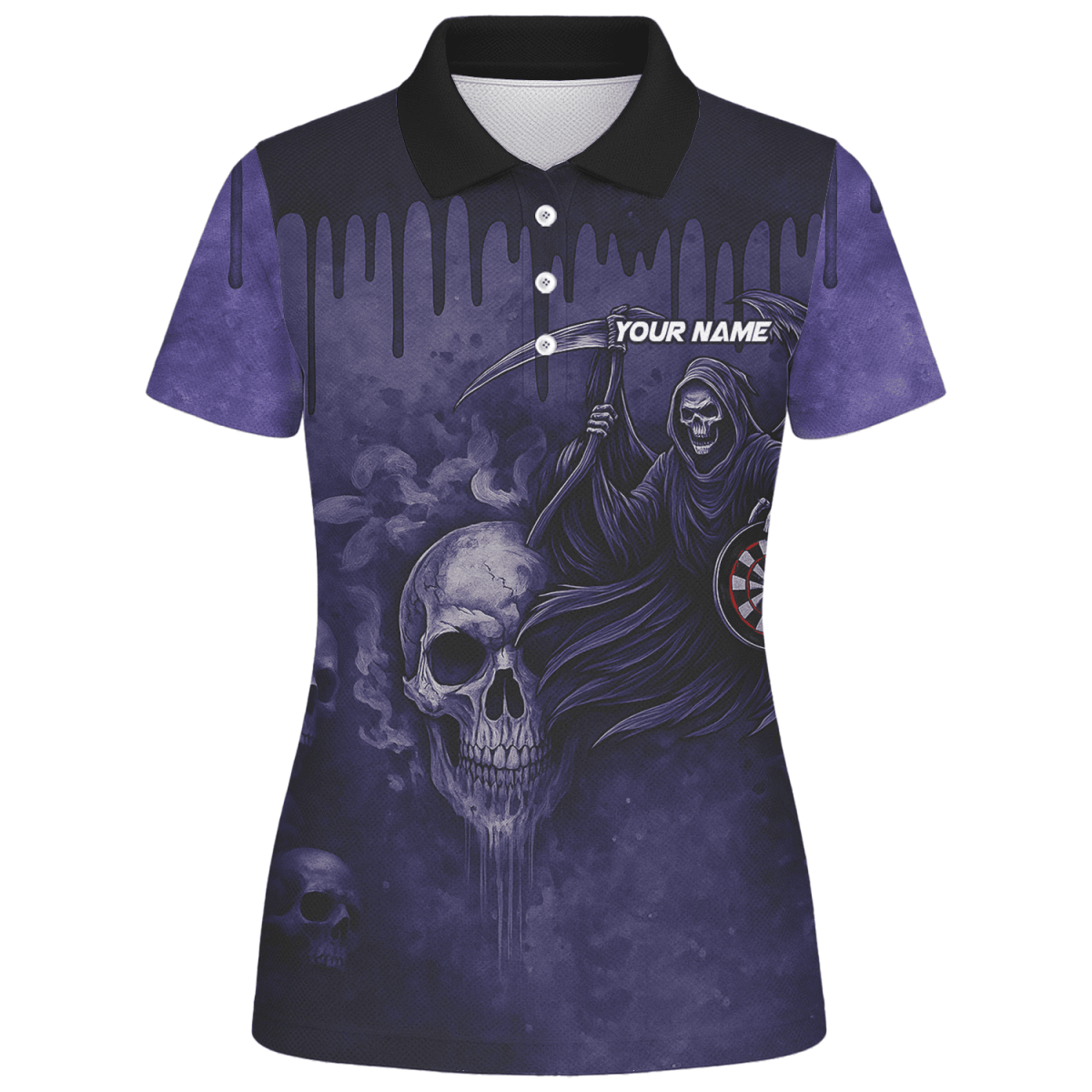 Personalisiertes Damen Darts Poloshirt mit Grunge Totenkopf Motiv in Schwarz - Rot A5652 - Outfitsuche