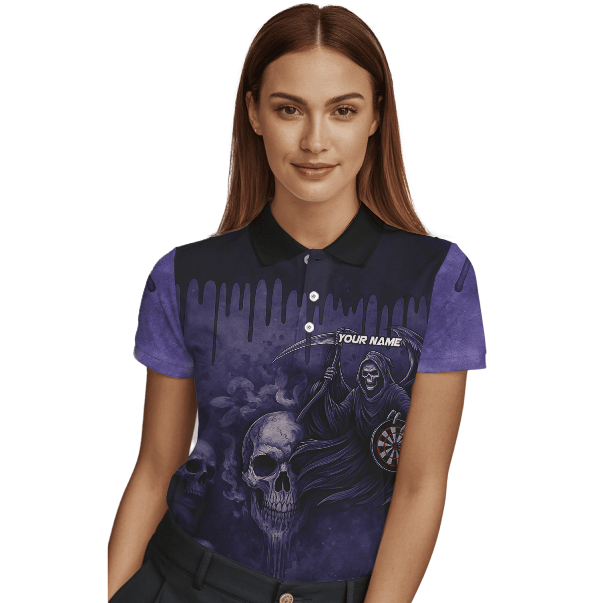 Personalisiertes Damen Darts Poloshirt mit Grunge Totenkopf Motiv in Schwarz - Rot A5652 - Outfitsuche