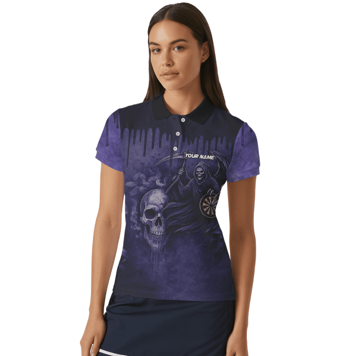 Personalisiertes Damen Darts Poloshirt mit Grunge Totenkopf Motiv in Schwarz - Rot A5652 - Outfitsuche