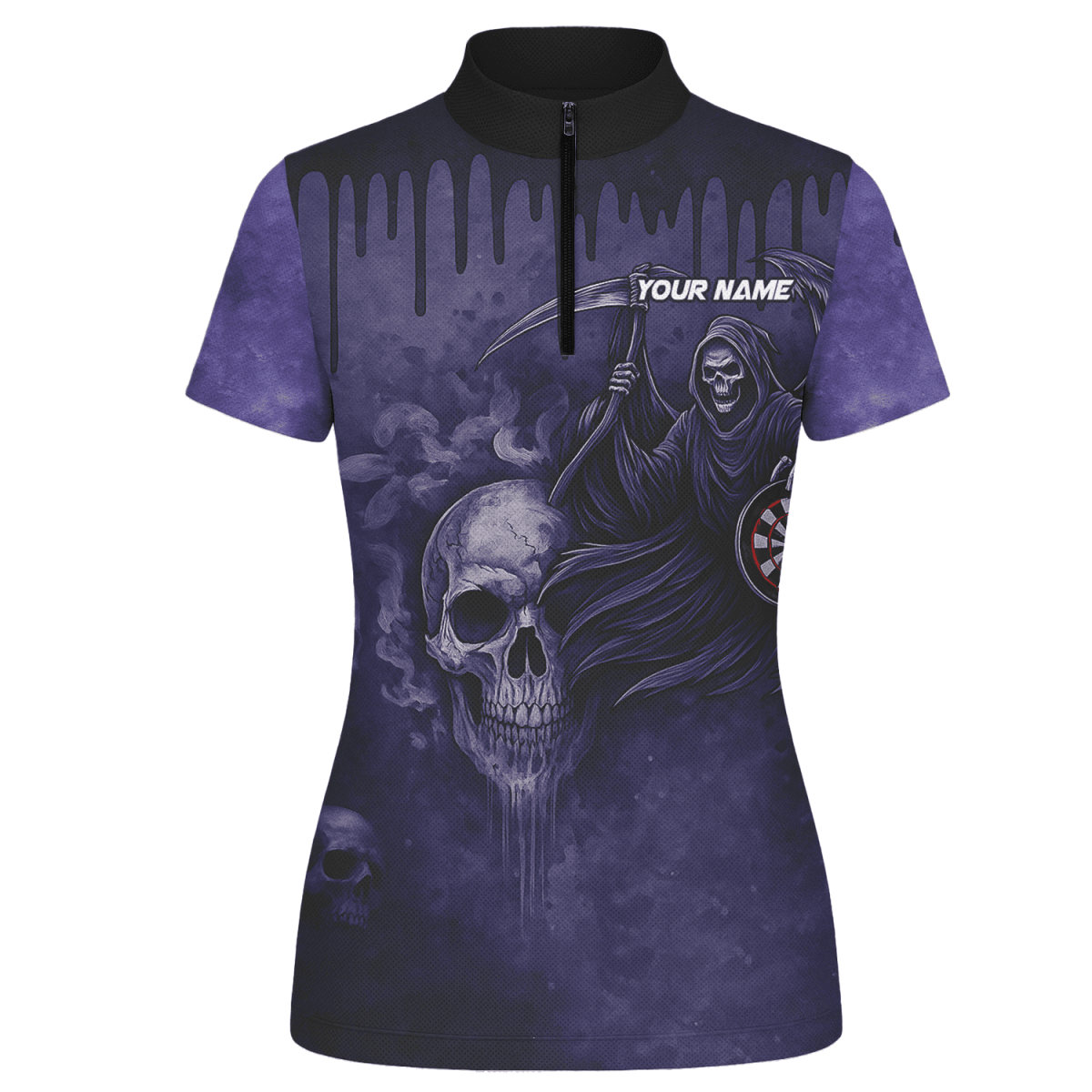 Personalisiertes Damen Darts Poloshirt mit Grunge Totenkopf Motiv in Schwarz - Rot A5652 - Outfitsuche