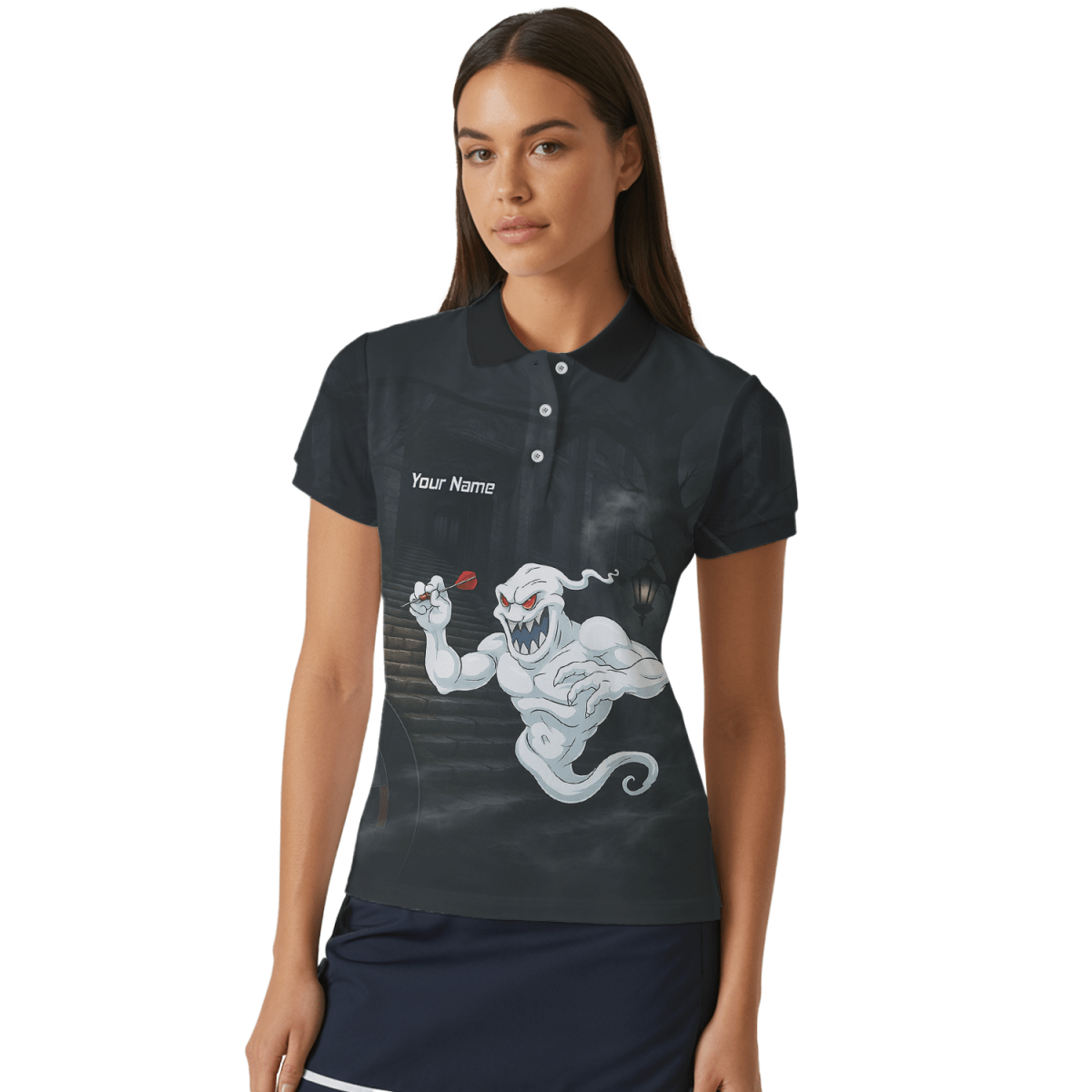 Personalisiertes Damen Darts Poloshirt mit Grusel - Geist Motiv, Schwarz - Weiß L2060 - Outfitsuche