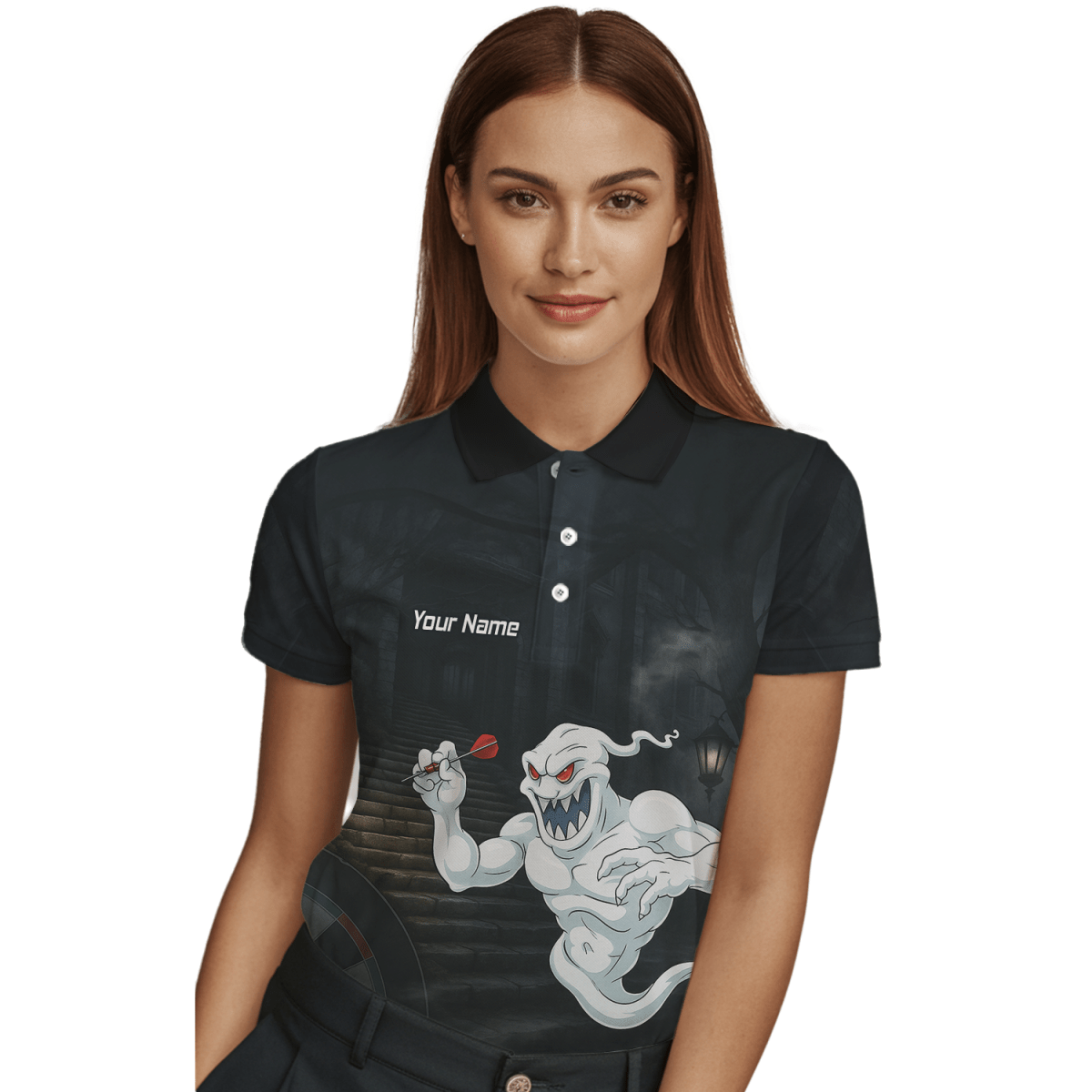 Personalisiertes Damen Darts Poloshirt mit Grusel - Geist Motiv, Schwarz - Weiß L2060 - Outfitsuche