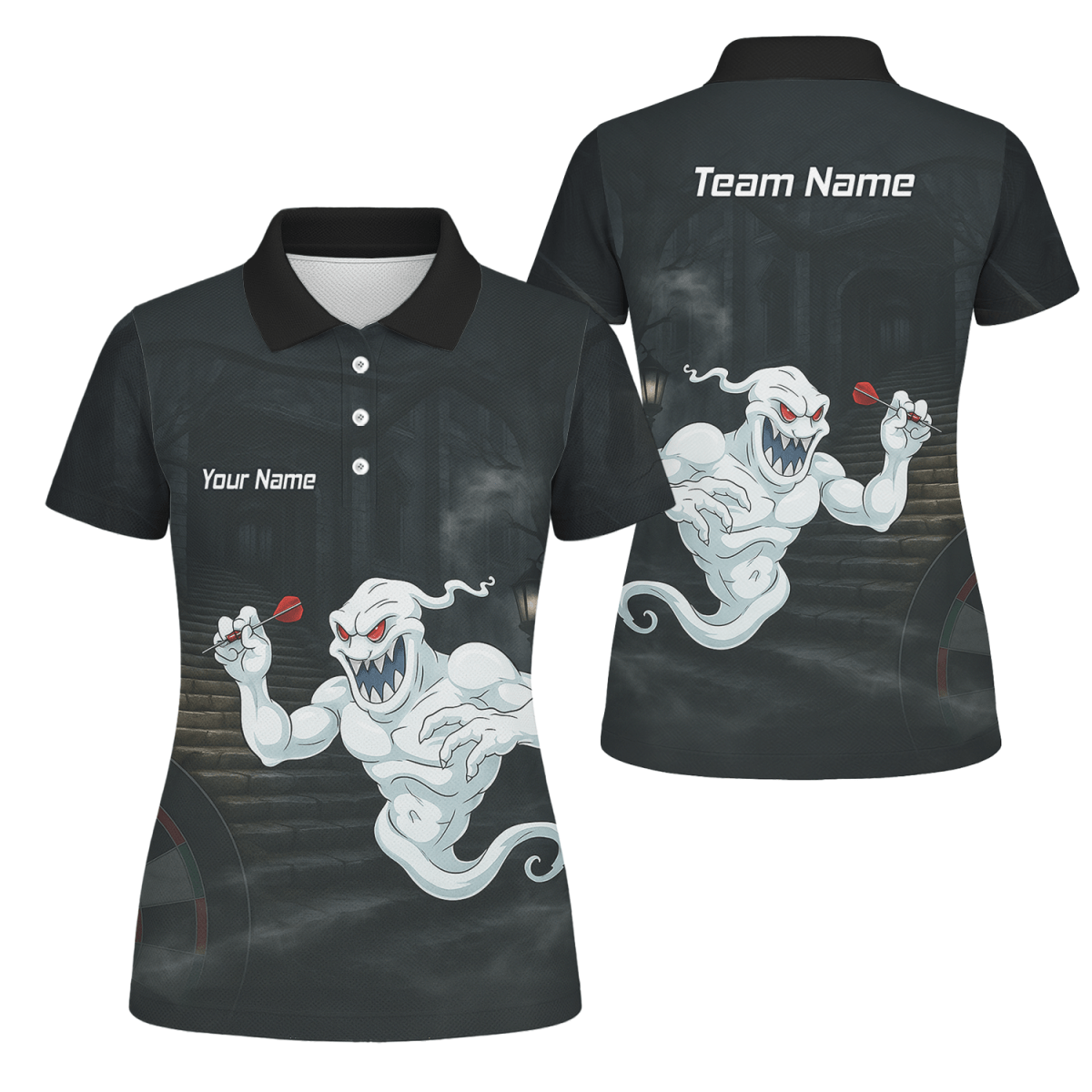 Personalisiertes Damen Darts Poloshirt mit Grusel - Geist Motiv, Schwarz - Weiß L2060 - Outfitsuche