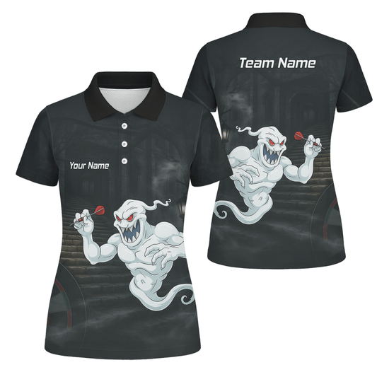 Personalisiertes Damen Darts Poloshirt mit Grusel - Geist Motiv, Schwarz - Weiß L2060 - Outfitsuche