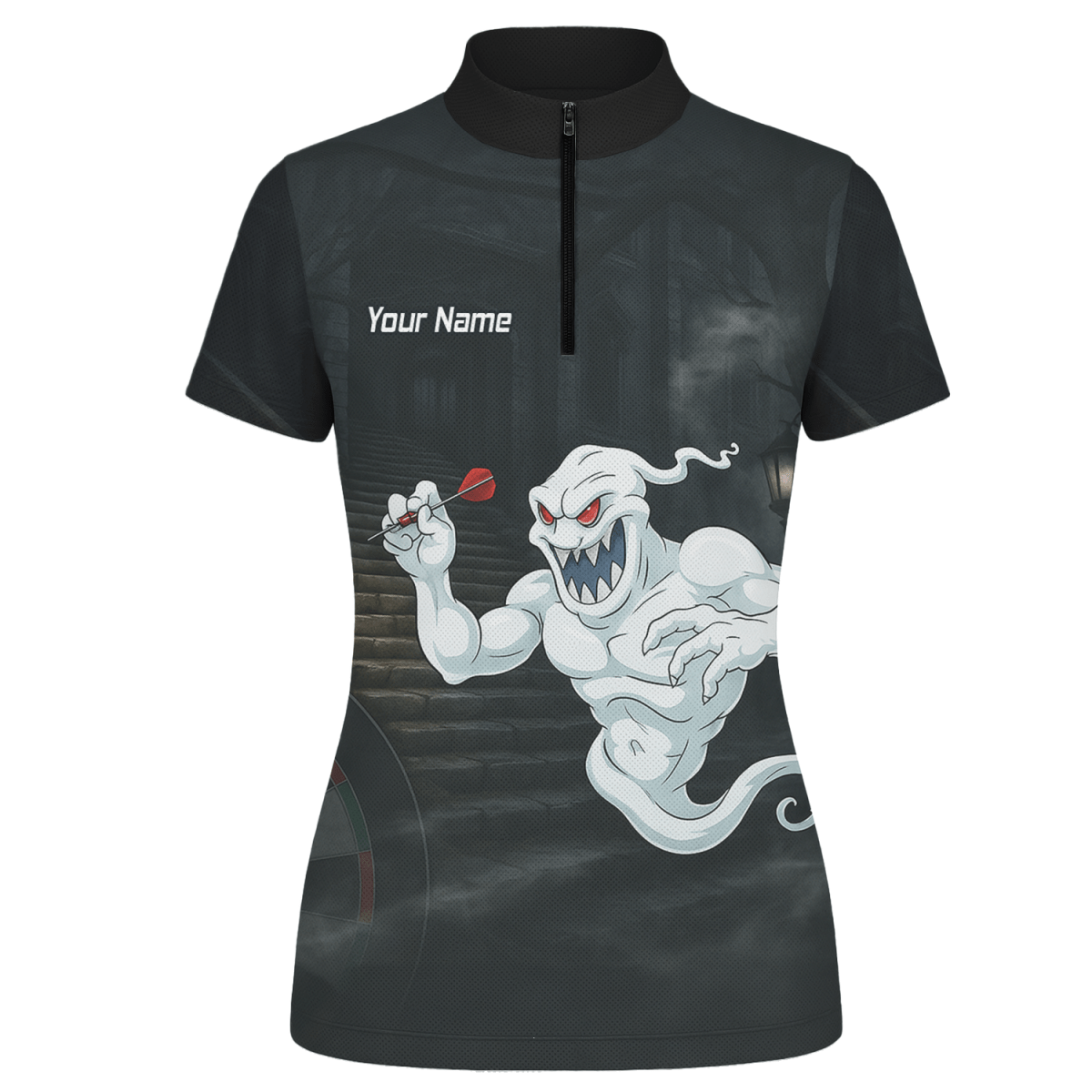 Personalisiertes Damen Darts Poloshirt mit Grusel - Geist Motiv, Schwarz - Weiß L2060 - Outfitsuche