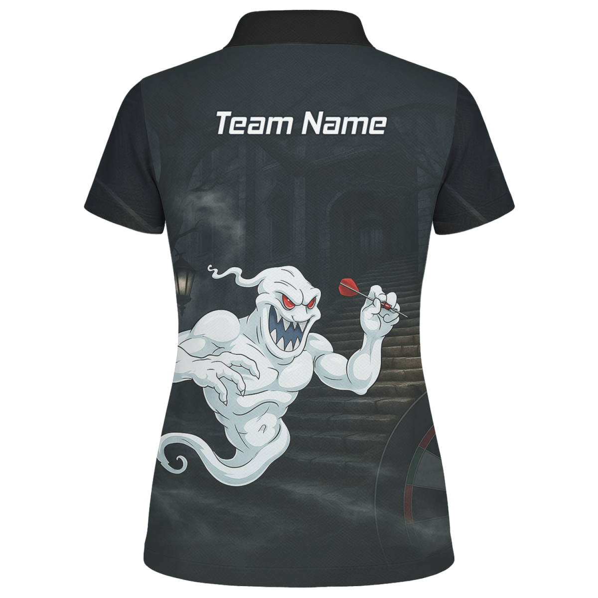 Personalisiertes Damen Darts Poloshirt mit Grusel - Geist Motiv, Schwarz - Weiß L2060 - Outfitsuche