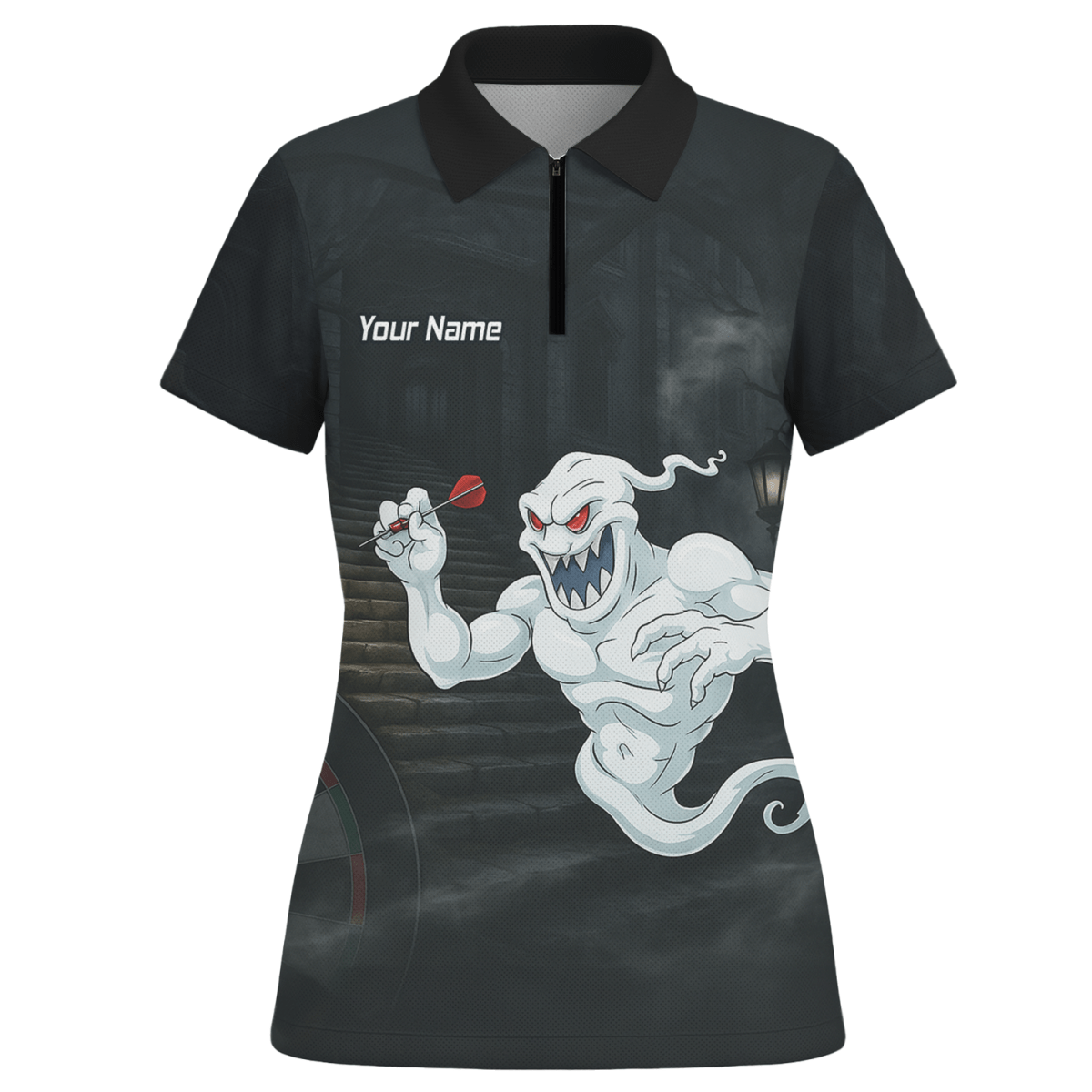 Personalisiertes Damen Darts Poloshirt mit Grusel - Geist Motiv, Schwarz - Weiß L2060 - Outfitsuche