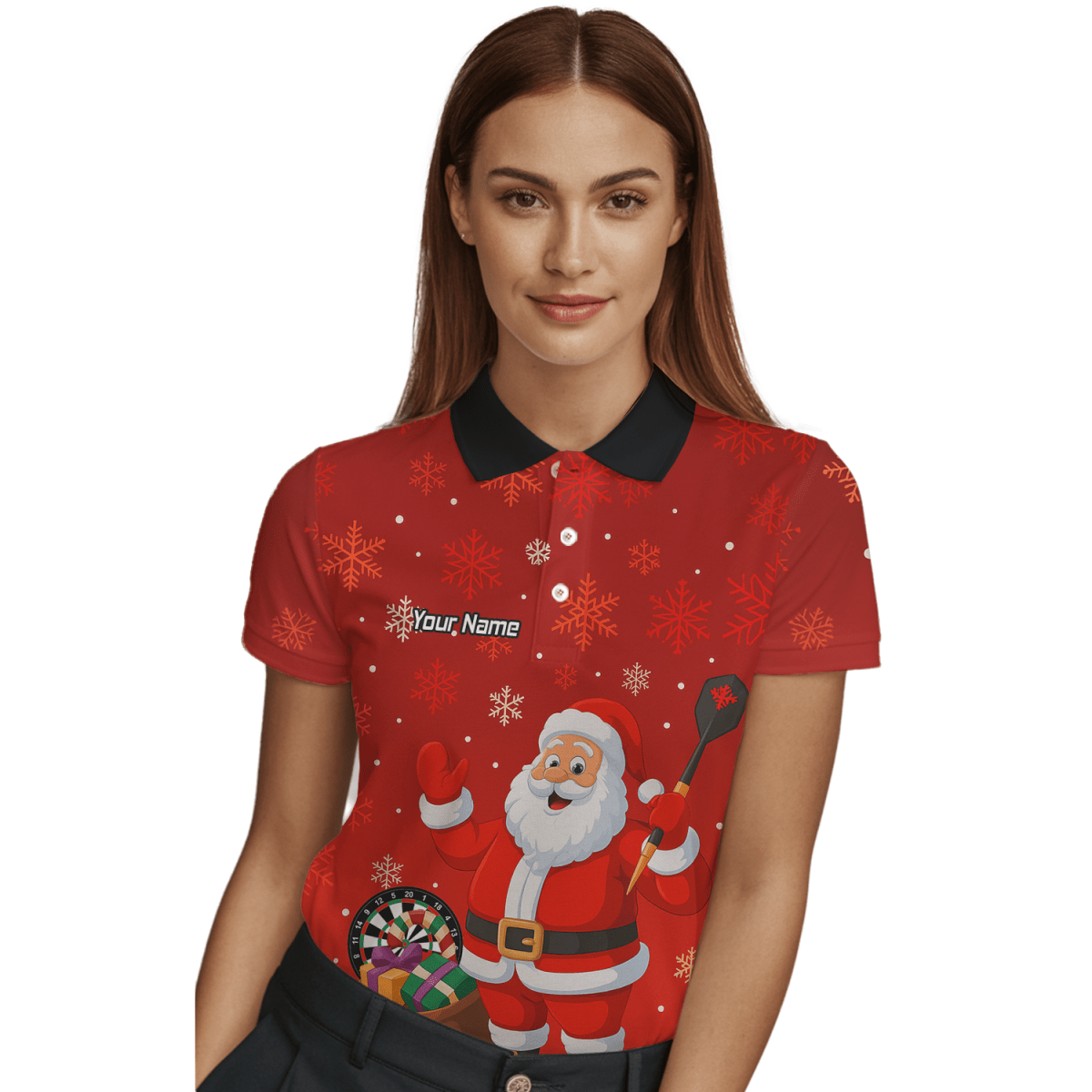 Personalisiertes Damen Darts Poloshirt Weihnachten Rot Weihnachtsmann Schneeflocken X7938 - Outfitsuche