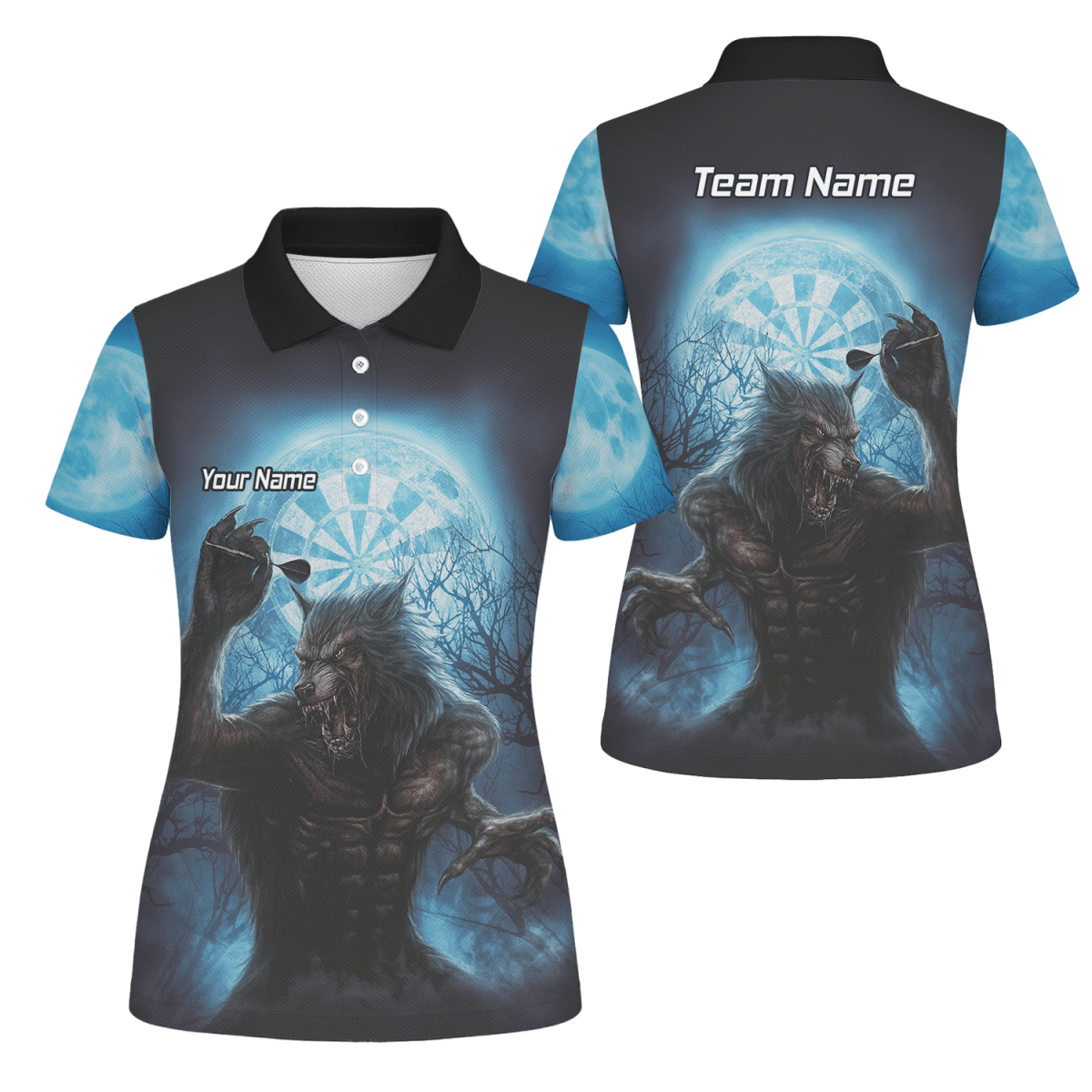 Personalisiertes Damen Darts Poloshirt – Werwolf Mond Motiv – Blau Schwarz Z5250 - Outfitsuche