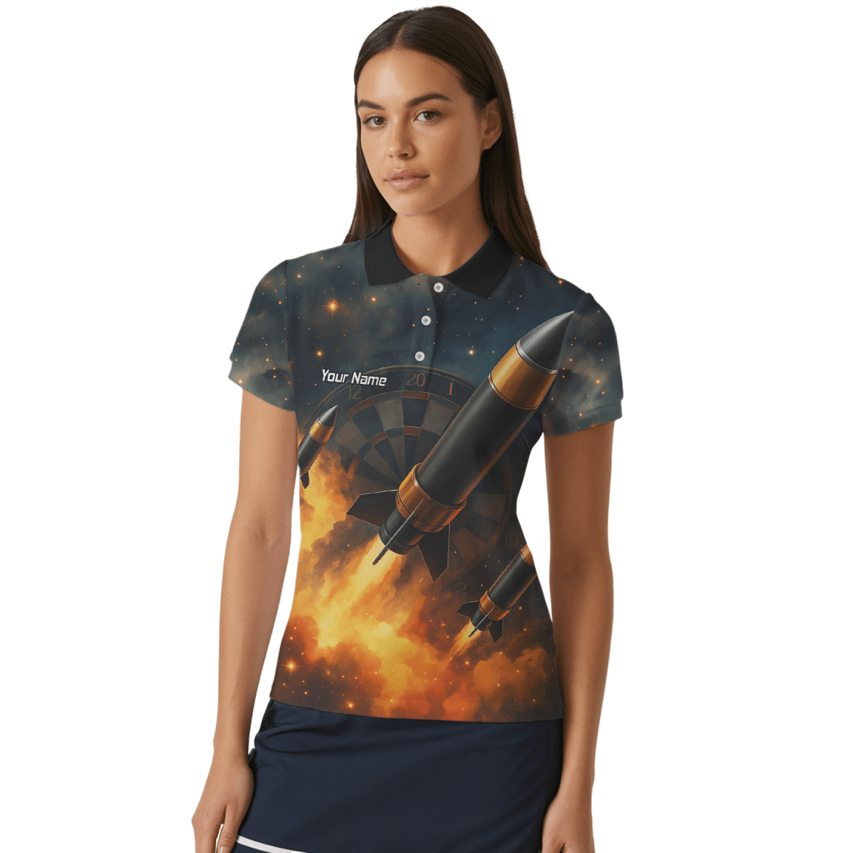 Personalisiertes Damen Jersey Polo - Shirt mit Weltraumraketen - und Flammen - Design Q1206 - Outfitsuche