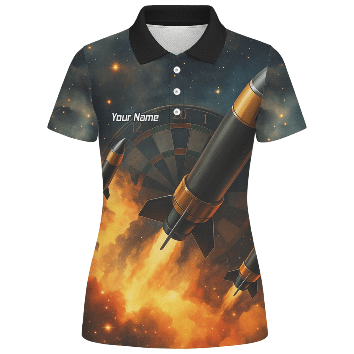 Personalisiertes Damen Jersey Polo - Shirt mit Weltraumraketen - und Flammen - Design Q1206 - Outfitsuche