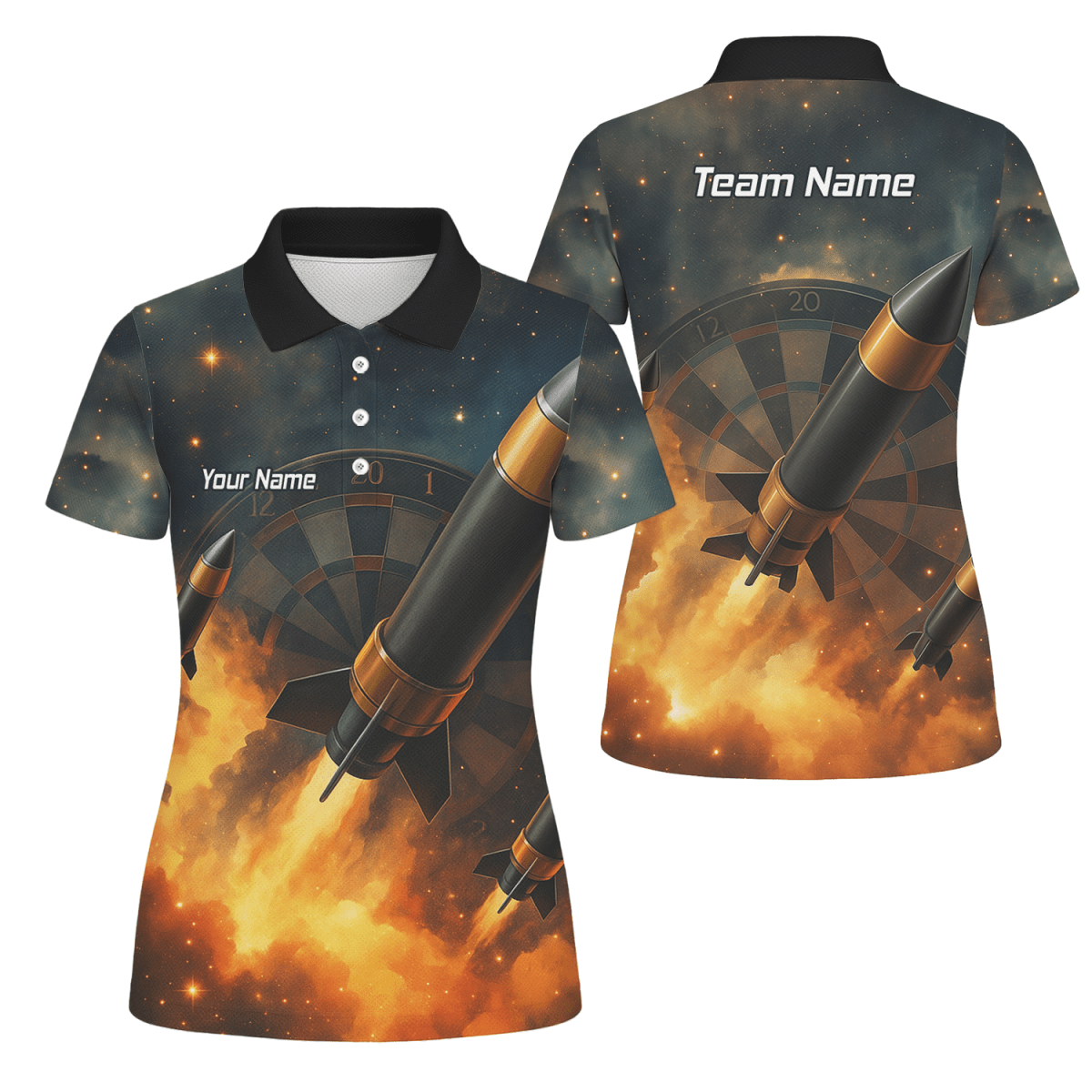 Personalisiertes Damen Jersey Polo - Shirt mit Weltraumraketen - und Flammen - Design Q1206 - Outfitsuche