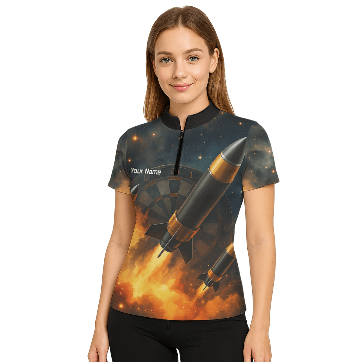 Personalisiertes Damen Jersey Polo - Shirt mit Weltraumraketen - und Flammen - Design Q1206 - Outfitsuche