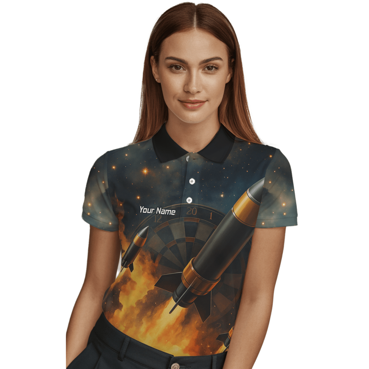 Personalisiertes Damen Jersey Polo - Shirt mit Weltraumraketen - und Flammen - Design Q1206 - Outfitsuche