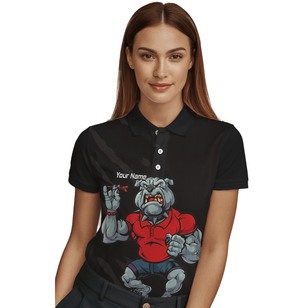 Personalisiertes Damen Poloshirt Bulldogge Dart Schwarz Rot K7530 - Outfitsuche