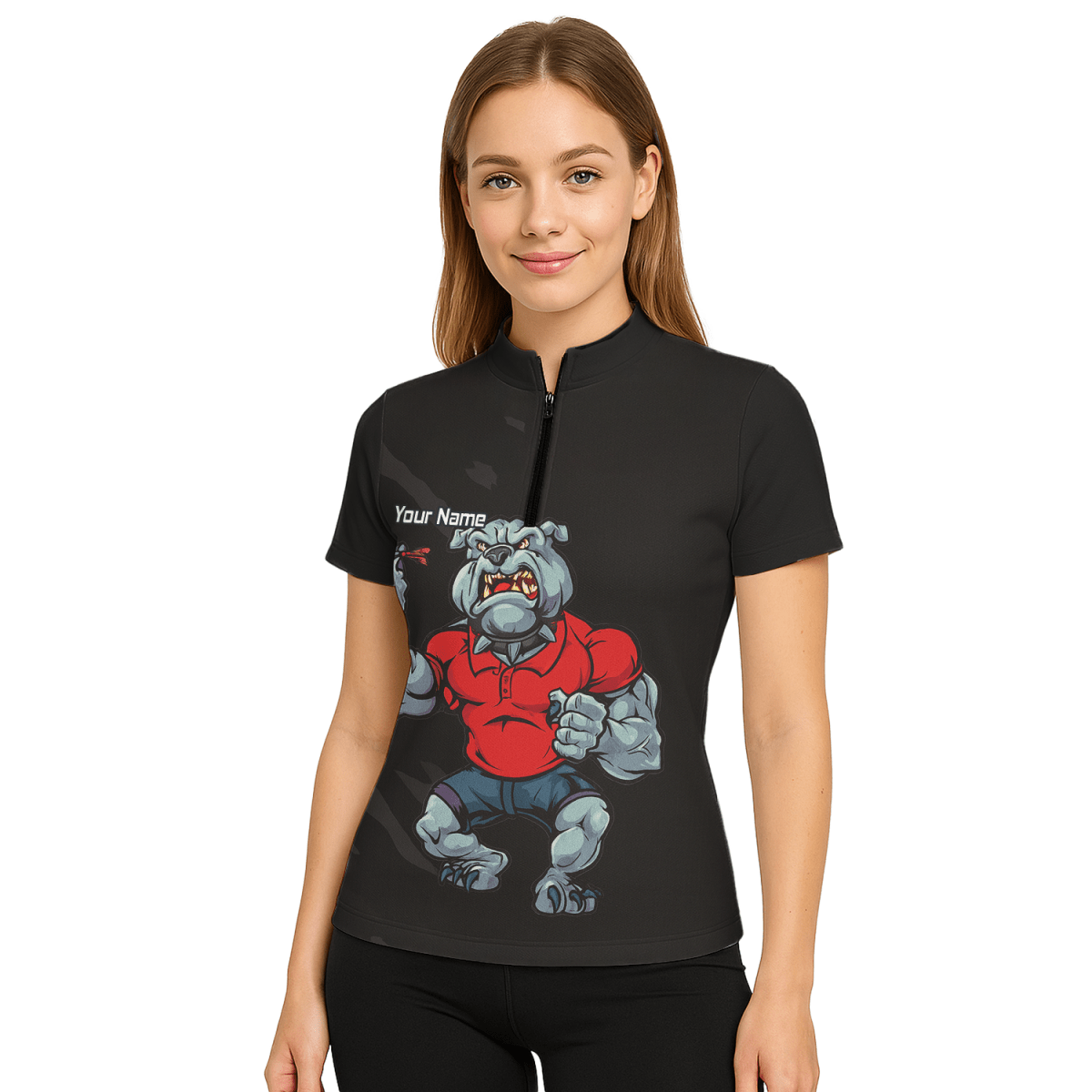 Personalisiertes Damen Poloshirt Bulldogge Dart Schwarz Rot K7530 - Outfitsuche