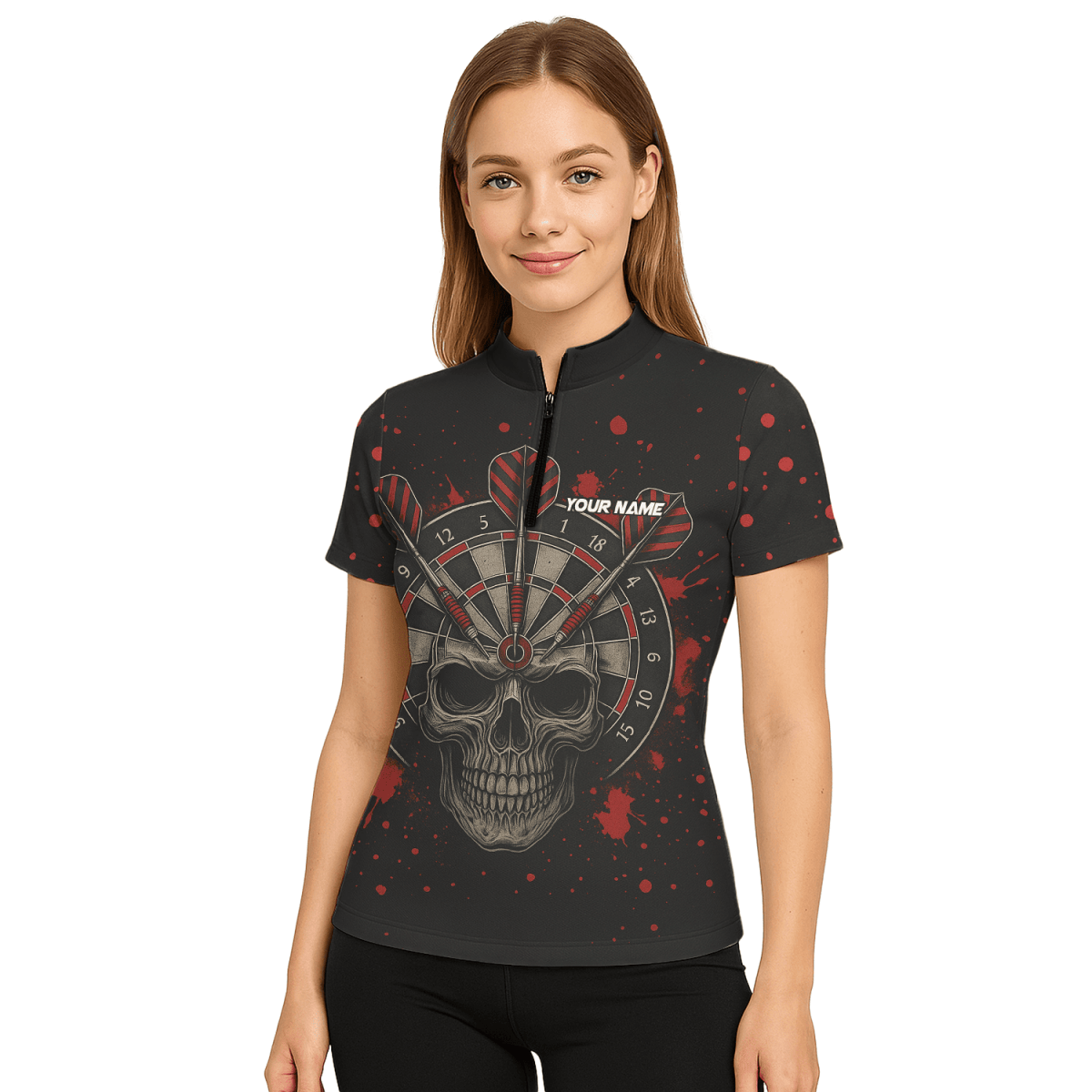 Personalisiertes Damen Poloshirt: Hai & "Darts Mode On" Motiv – Schwarz Mehrfarbig X0845 - Outfitsuche