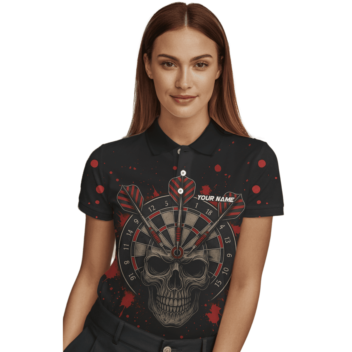 Personalisiertes Damen Poloshirt: Hai & "Darts Mode On" Motiv – Schwarz Mehrfarbig X0845 - Outfitsuche