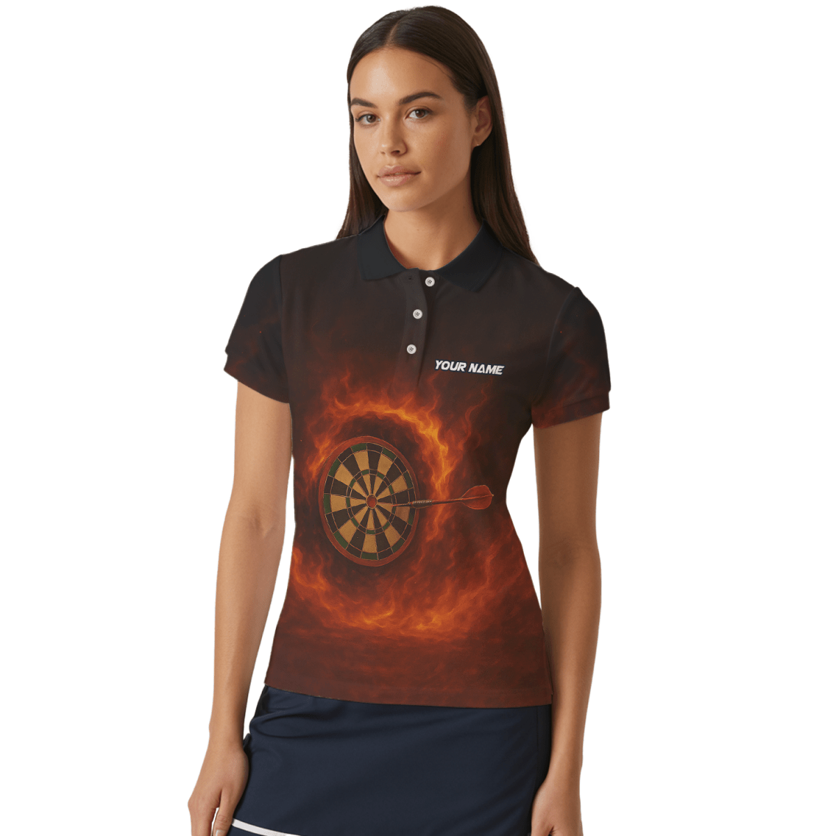 Personalisiertes Damen Poloshirt mit Dart Motiv: 'Feuerspeiender Dämon' Schwarz Rot W4636 - Outfitsuche