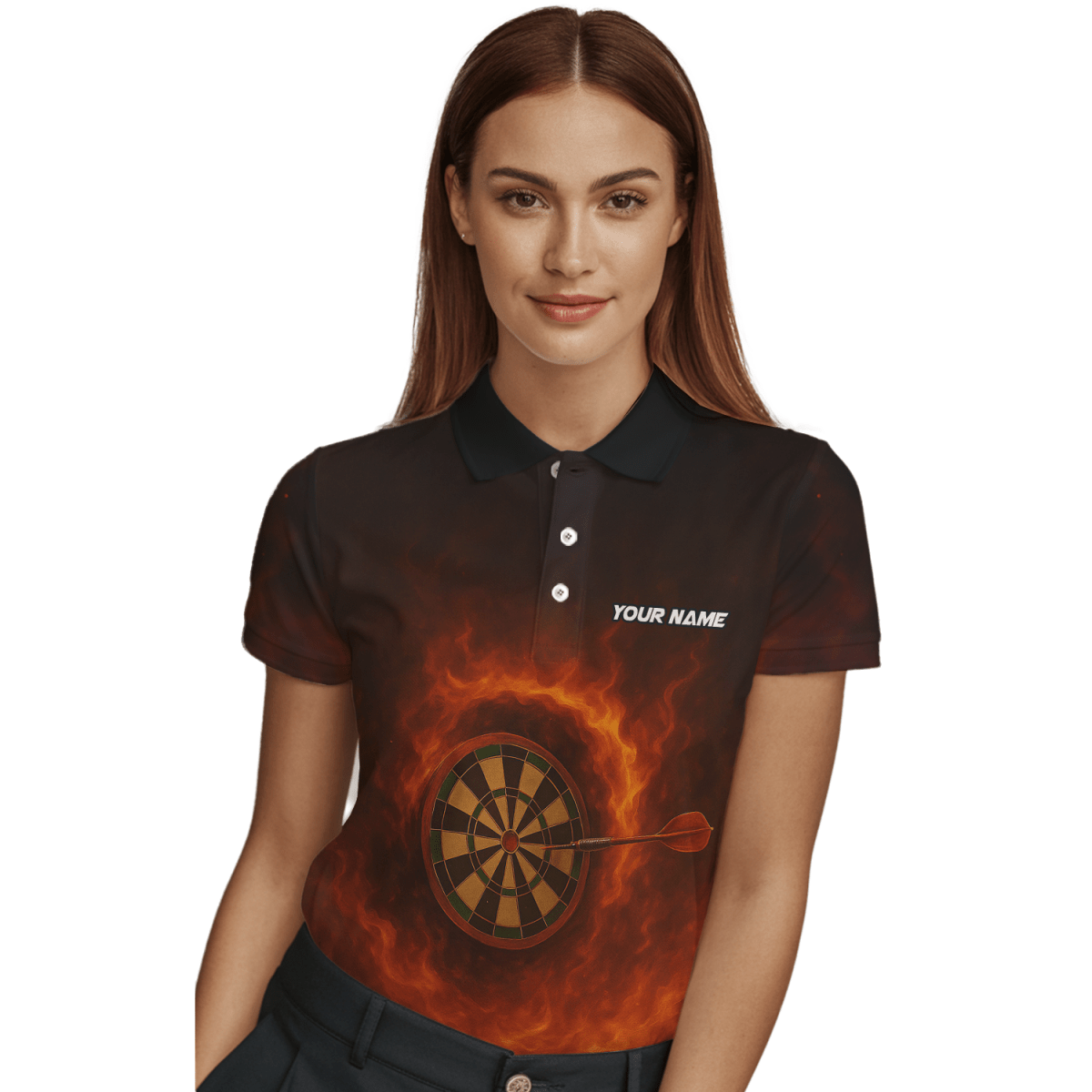 Personalisiertes Damen Poloshirt mit Dart Motiv: 'Feuerspeiender Dämon' Schwarz Rot W4636 - Outfitsuche