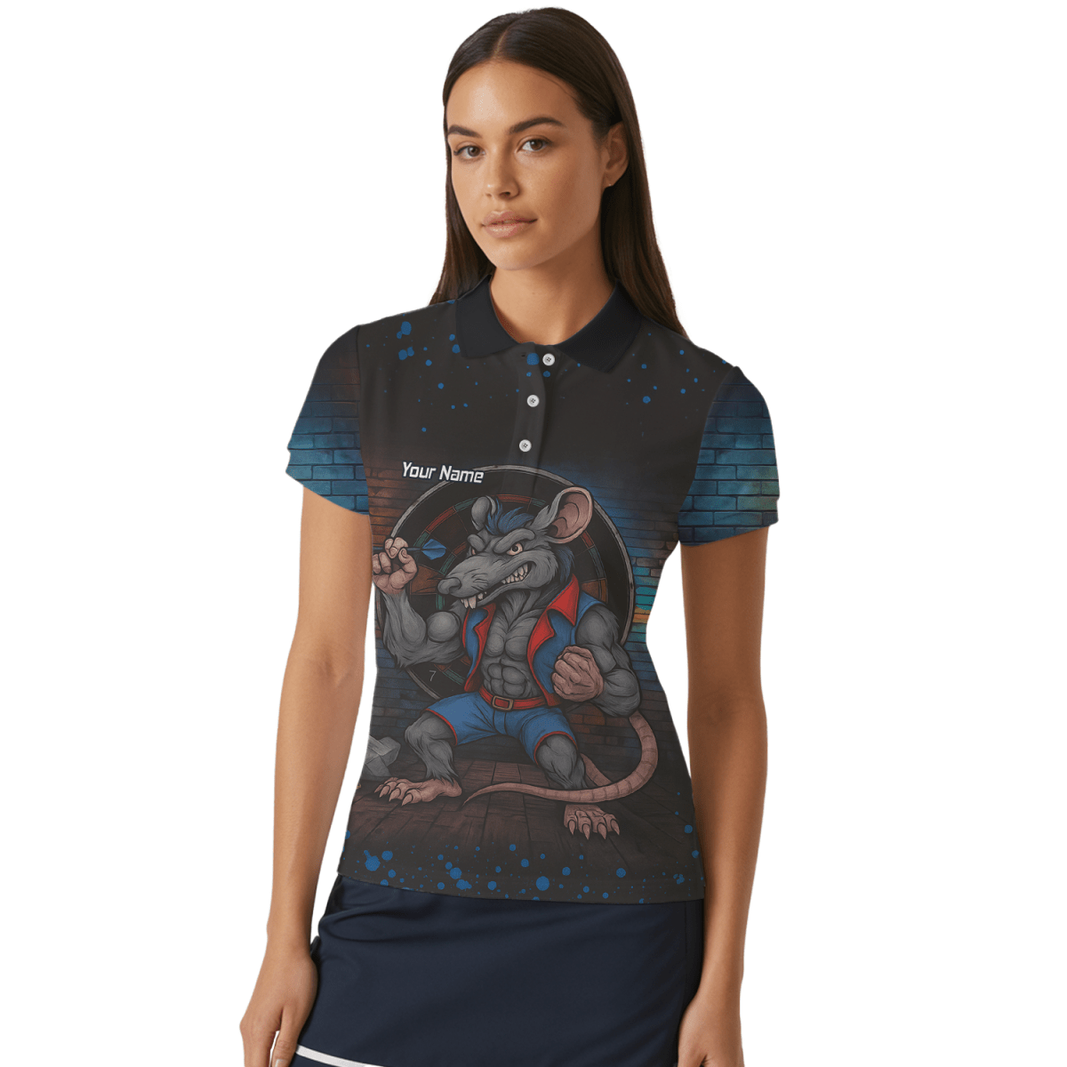 Personalisiertes Damen Poloshirt mit Ratten - Dart - Motiv, Schwarz Blau Rot S3305 - Outfitsuche