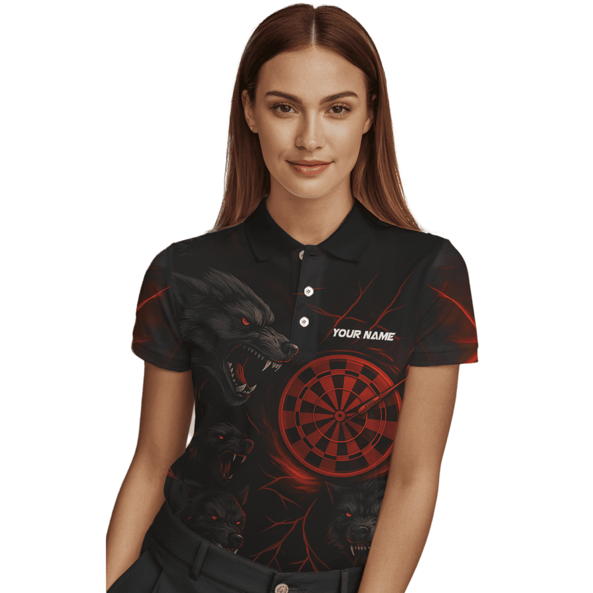 Personalisiertes Damen Poloshirt mit Sensenmann - Motiv für Darts & Bier – Schwarz - Orange B8975 - Outfitsuche
