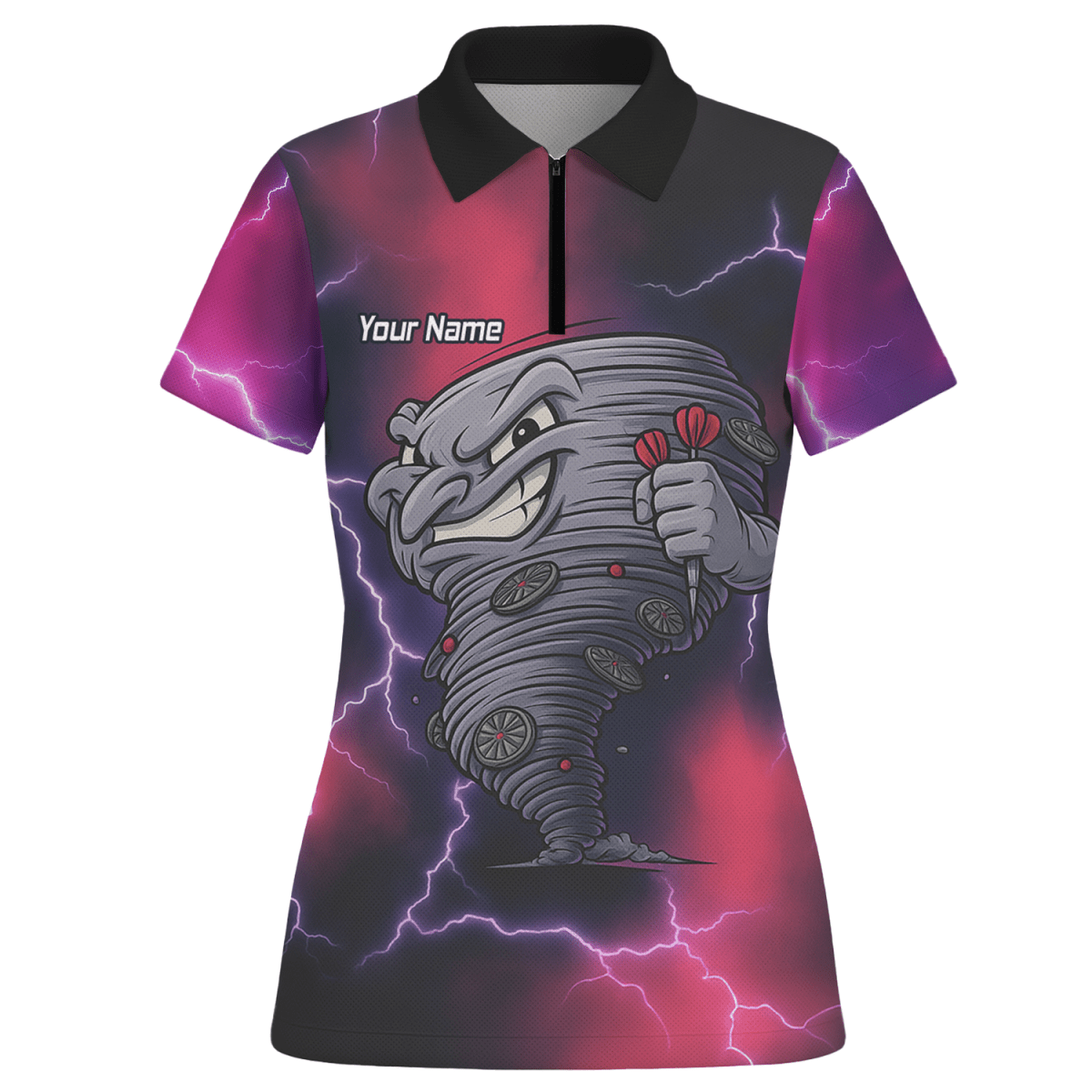 Personalisiertes Damen Poloshirt mit Tornado - Blitz - Dart Motiv – Schwarz, Rot, Lila M1397 - Outfitsuche