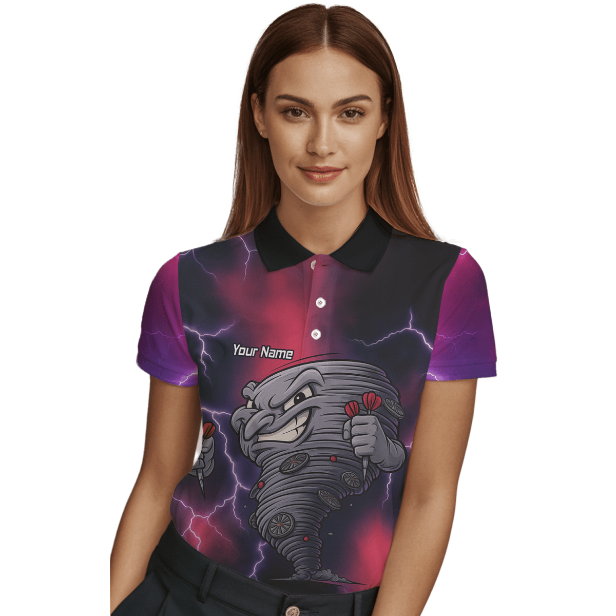 Personalisiertes Damen Poloshirt mit Tornado - Blitz - Dart Motiv – Schwarz, Rot, Lila M1397 - Outfitsuche
