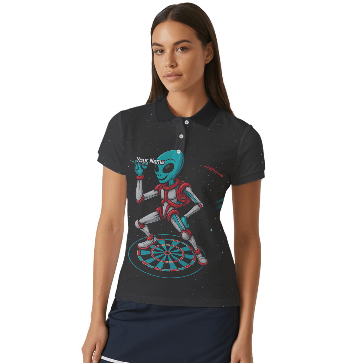 Personalisiertes Damen Poloshirt Schwarz, Alien Weltraum Motiv in Türkis Rot G2888 - Outfitsuche