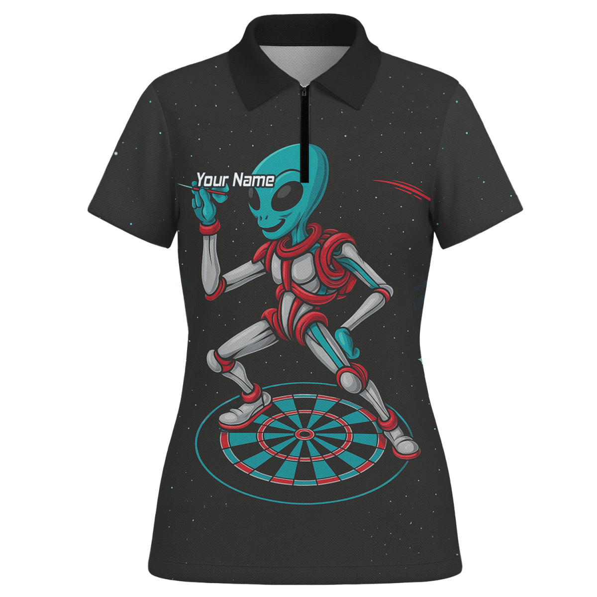 Personalisiertes Damen Poloshirt Schwarz, Alien Weltraum Motiv in Türkis Rot G2888 - Outfitsuche