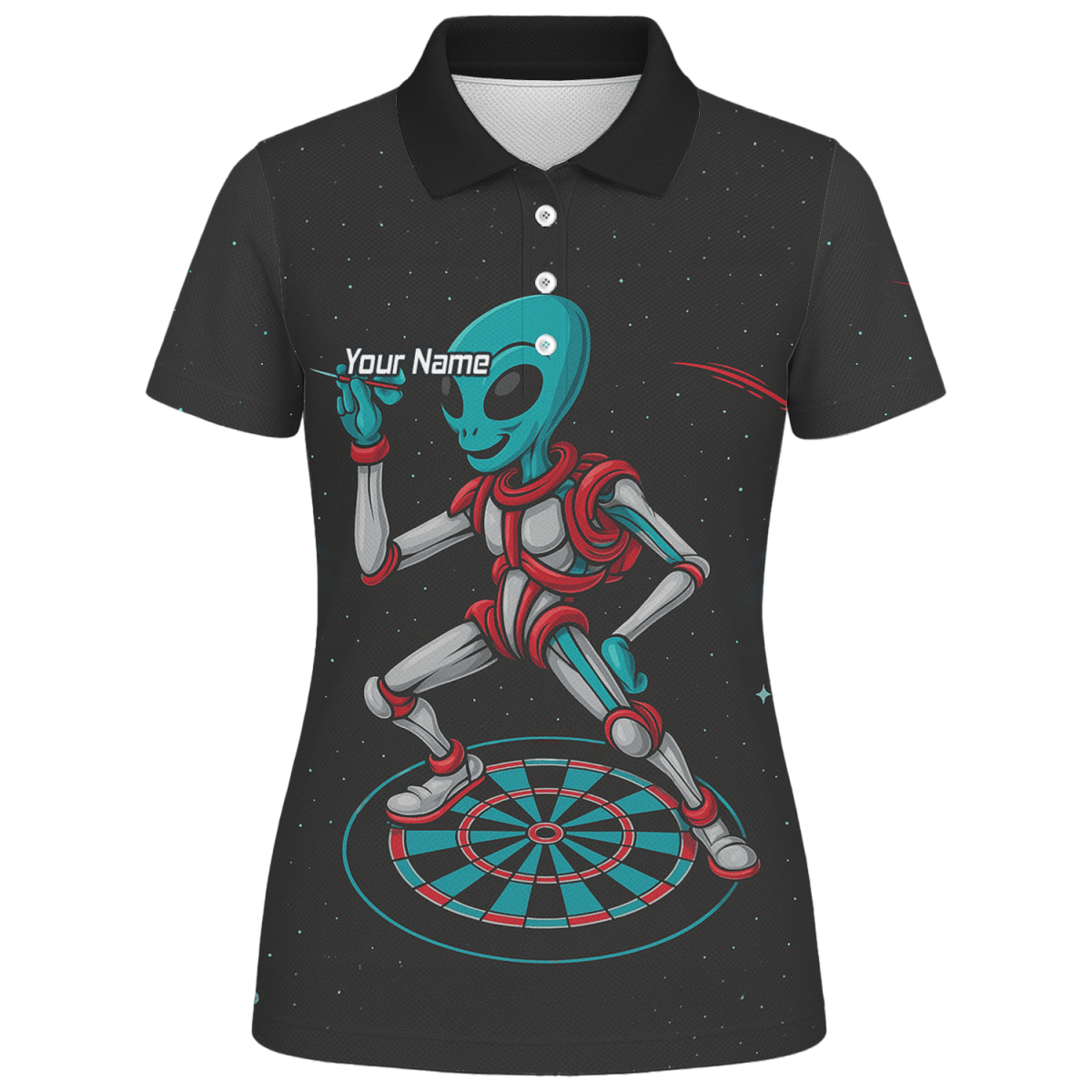 Personalisiertes Damen Poloshirt Schwarz, Alien Weltraum Motiv in Türkis Rot G2888 - Outfitsuche