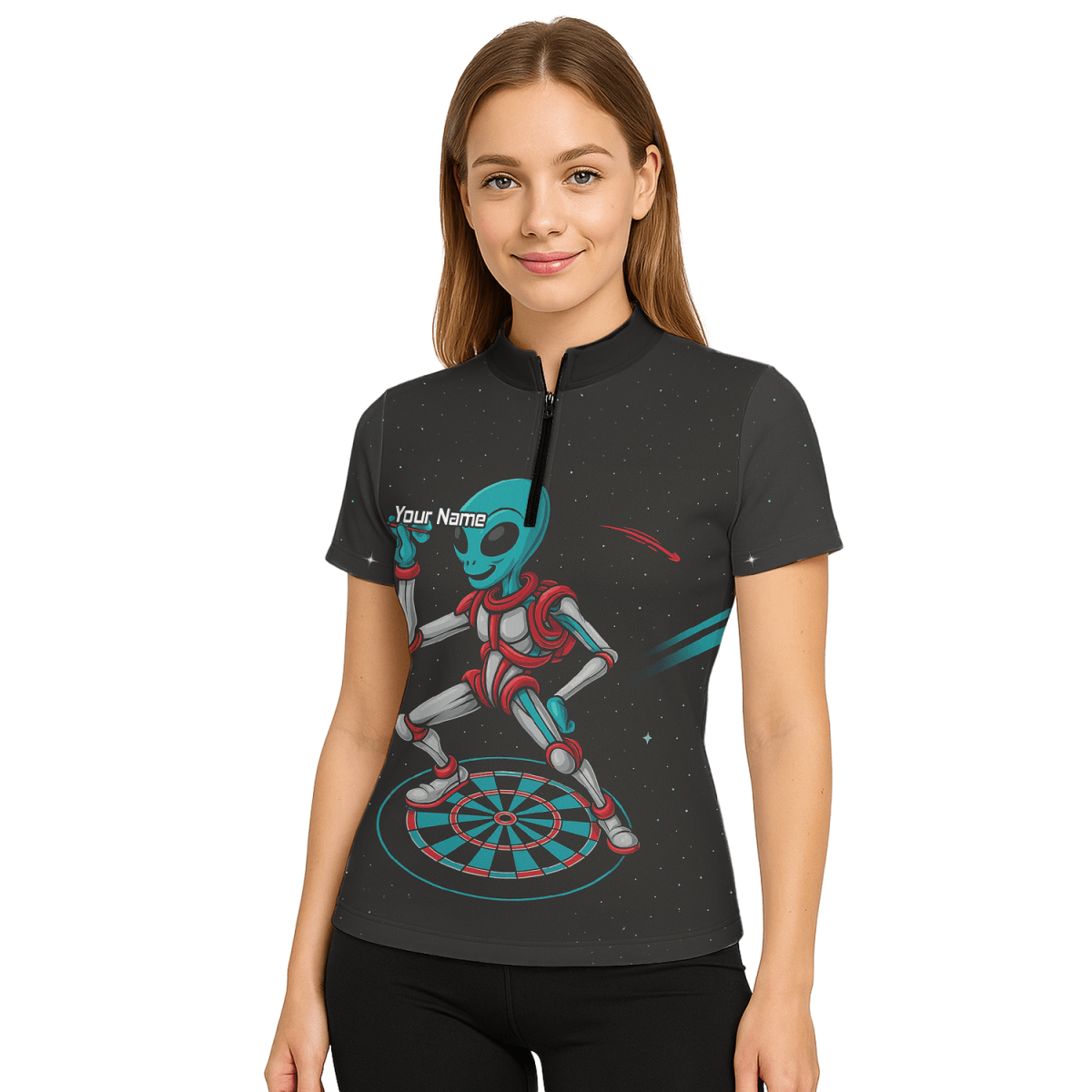 Personalisiertes Damen Poloshirt Schwarz, Alien Weltraum Motiv in Türkis Rot G2888 - Outfitsuche