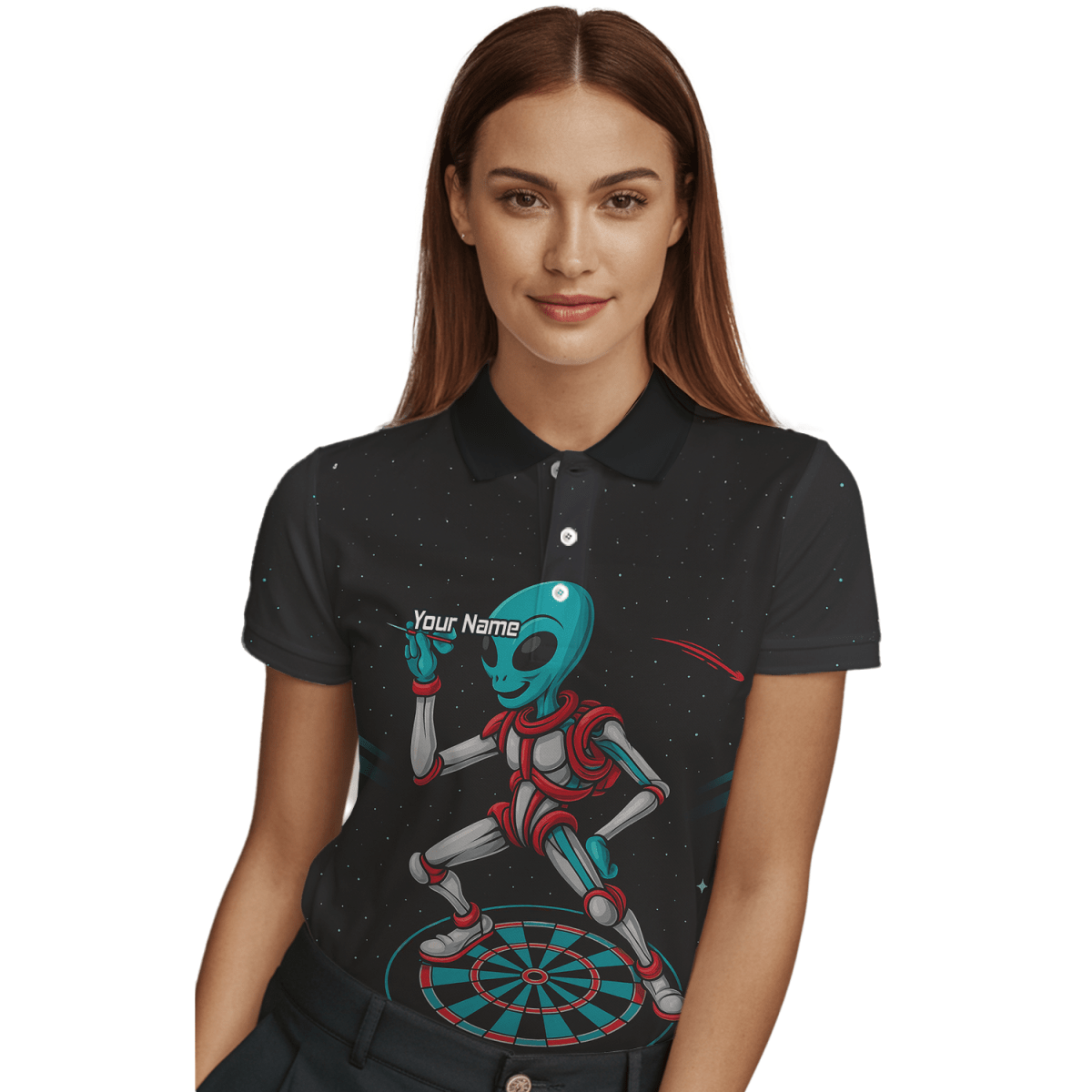 Personalisiertes Damen Poloshirt Schwarz, Alien Weltraum Motiv in Türkis Rot G2888 - Outfitsuche