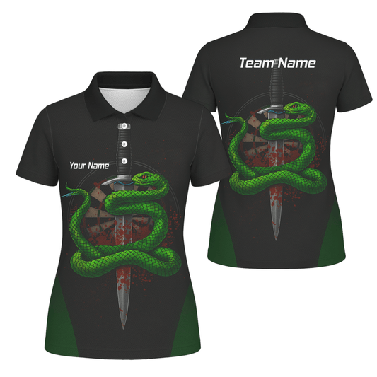 Personalisiertes Damen Poloshirt Schwarz – Grüne Schlange, Dolch, Darts Motiv & Blutspritzer G2717 - Outfitsuche