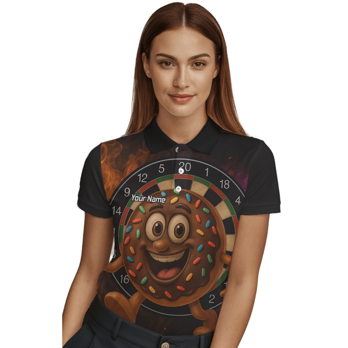 Personalisiertes Damen Poloshirt Schwarz – Lustiger Schoko - Donut Streusel Dart Motiv R0697 - Outfitsuche