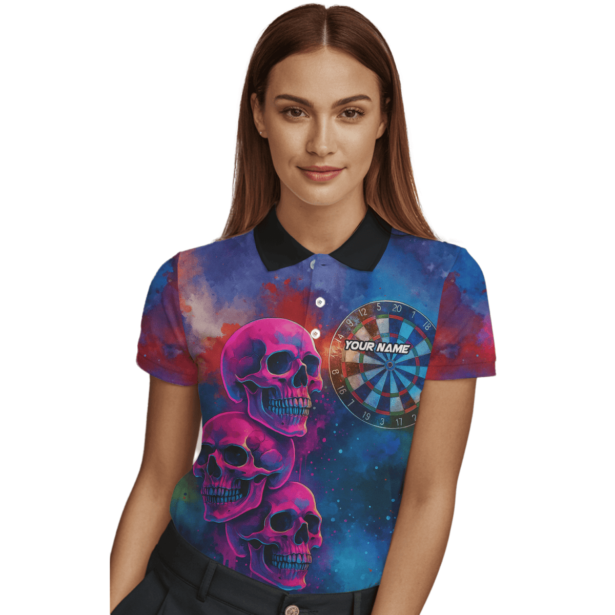 Personalisiertes Damen Poloshirt Weiß mit wildem Wolf, Flammen & Dart - Motiv Z8408 - Outfitsuche