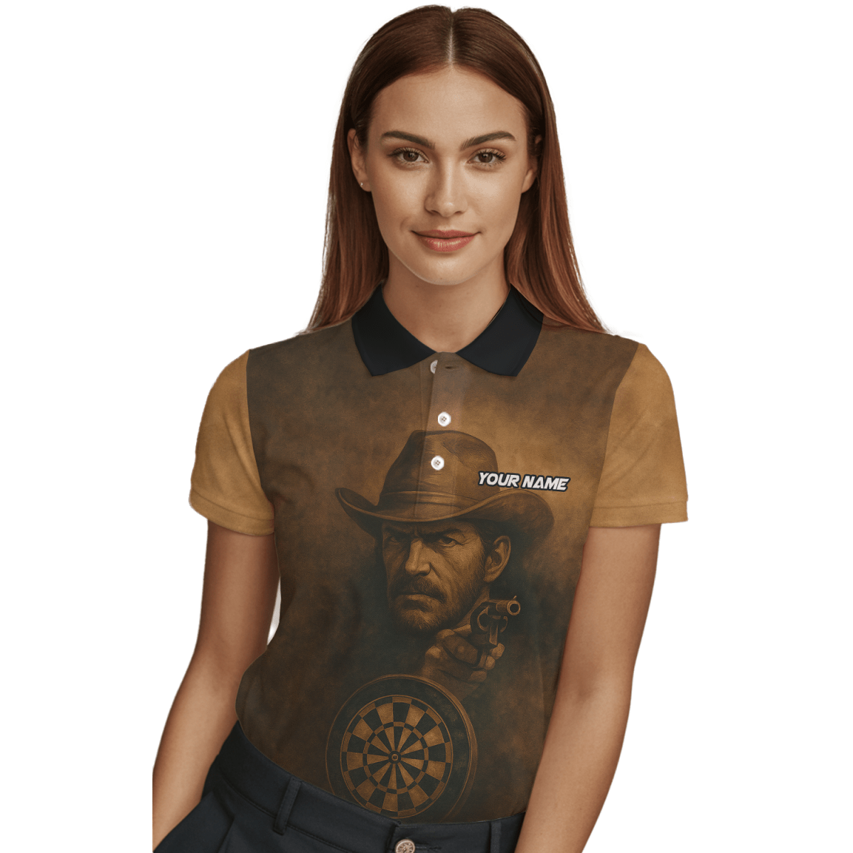 Personalisiertes Damen Poloshirt Western Darts Braun Schwarz - Outfitsuche