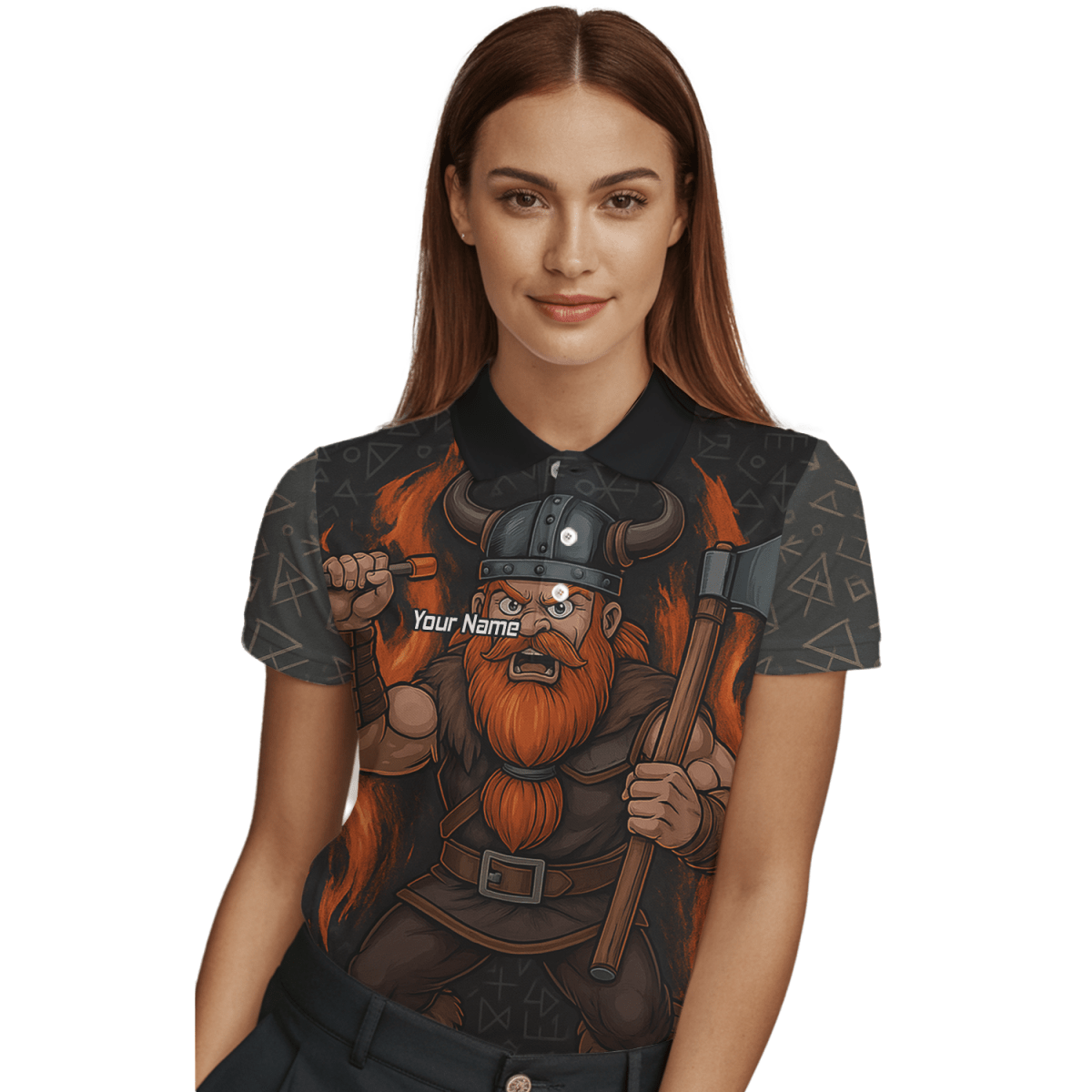 Personalisiertes Damen Poloshirt Wikinger Axt Motiv Schwarz Rot O0632 - Outfitsuche