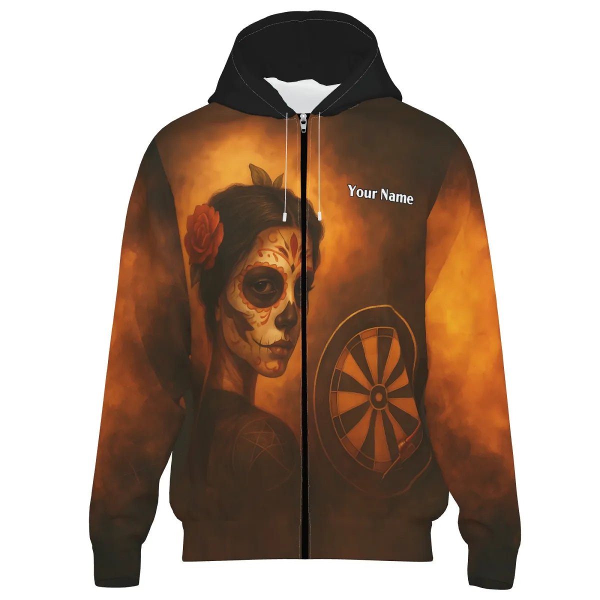 Personalisiertes Dart - Hoodie mit Reißverschluss Tag der Toten Zuckerschädel Darts Braun - Orange K7534 - Outfitsuche