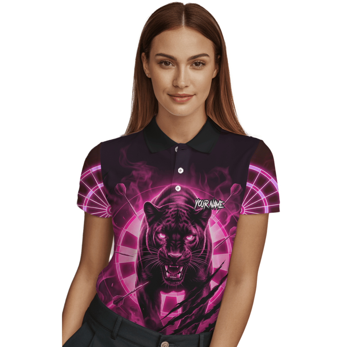 Personalisiertes Dart Polo Damen – Panther Design Schwarz - Neonpink F5579p - Outfitsuche