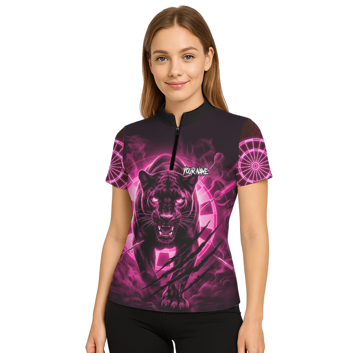 Personalisiertes Dart Polo Damen – Panther Design Schwarz - Neonpink F5579p - Outfitsuche