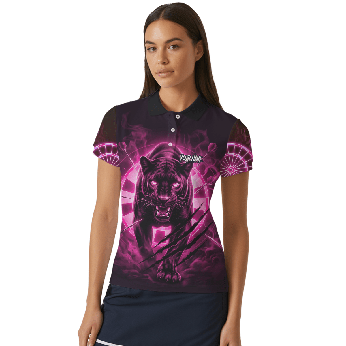 Personalisiertes Dart Polo Damen – Panther Design Schwarz - Neonpink F5579p - Outfitsuche
