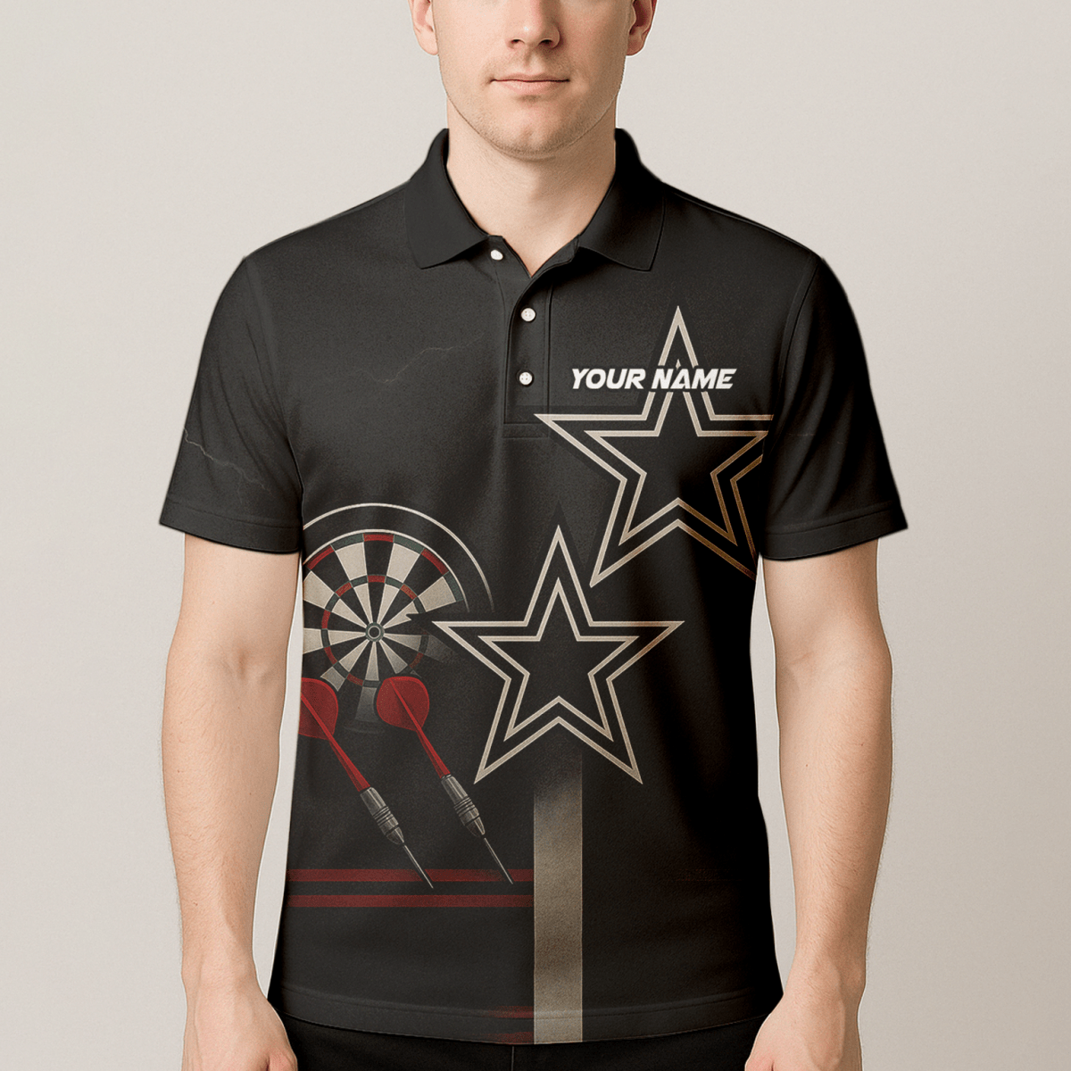 Personalisiertes Dart Polo - Shirt Herren Schwarz Rot Weiß Sterne H3323 - Outfitsuche